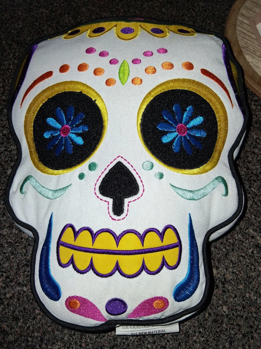 Embroidered Sugar Skull Pillow - White with Yellow, Blue & Black Accents